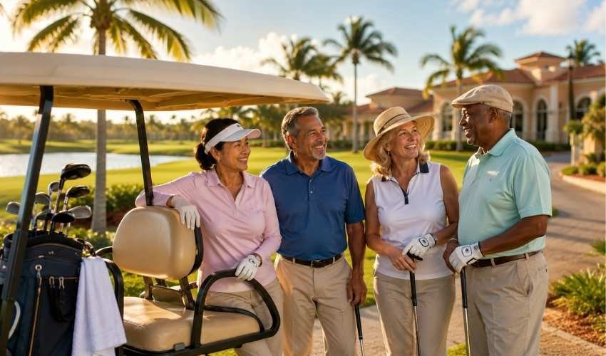 A group of active adults smiling together on a golf course in Southwest Florida
